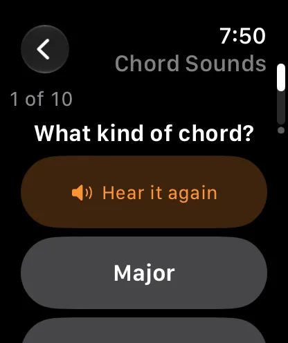 A Chord Sounds quiz, question 1 of 10: What kind of chord? A Hear it again button and a Major answer button.