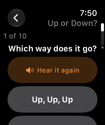 An Up or Down quiz, question 1 of 10: Which way does it go? A Hear it again button and an Up, Up, Up answer button.