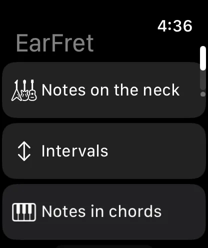 EarFret on Apple Watch: a menu with Notes on the neck, Intervals and Notes in chords.
